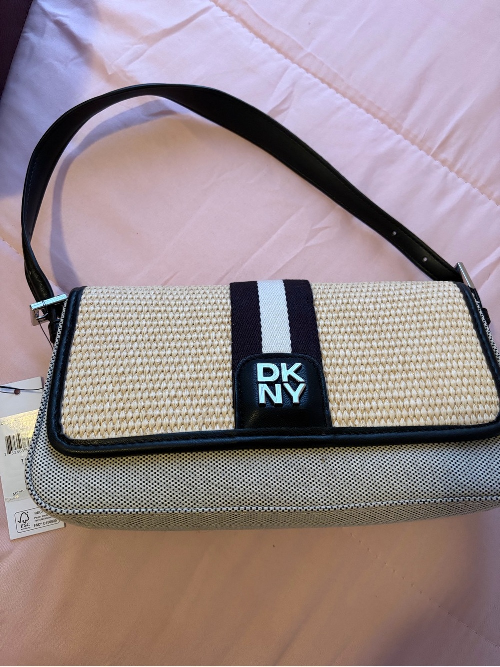 DKNY Beige Woven Shoulder Bag with Black Trim and Navy-White Stripe